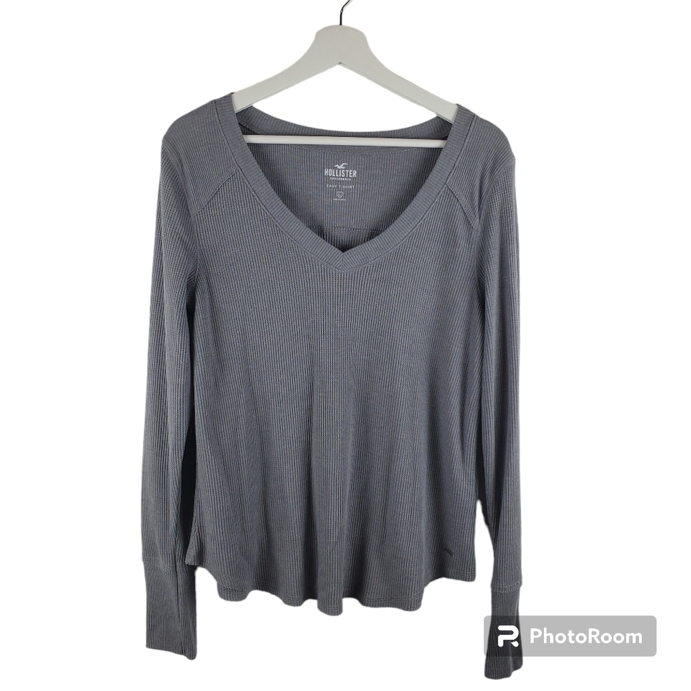 Hollister Waffle Knit Shirt Womens Large‎ Gray Scoop hem Casual V-neck